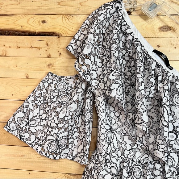 MISSGUIDED Black White Lace Off One Shoulder Ruffles Midi Dress NWOT Size 12 - Picture 3 of 14